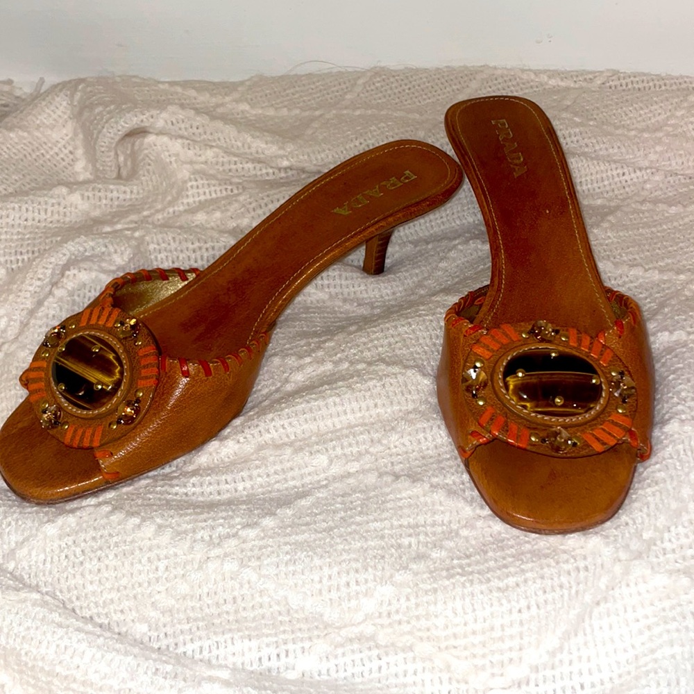 Final price drop ✨PRADA Brown 38 Leather Tiger Eye Stone Sandals Kitten Heel